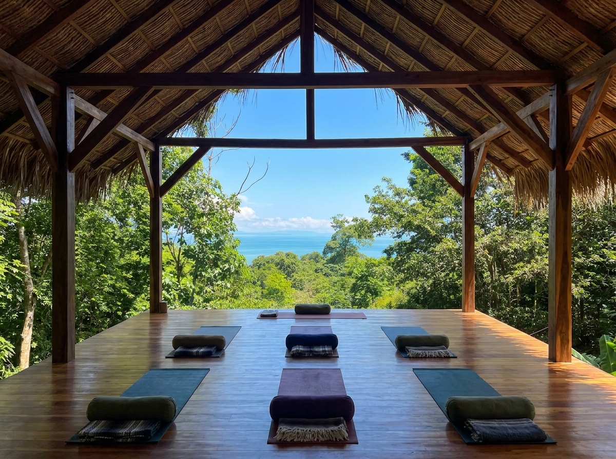 Open doors framing jungle and Pacific ocean
