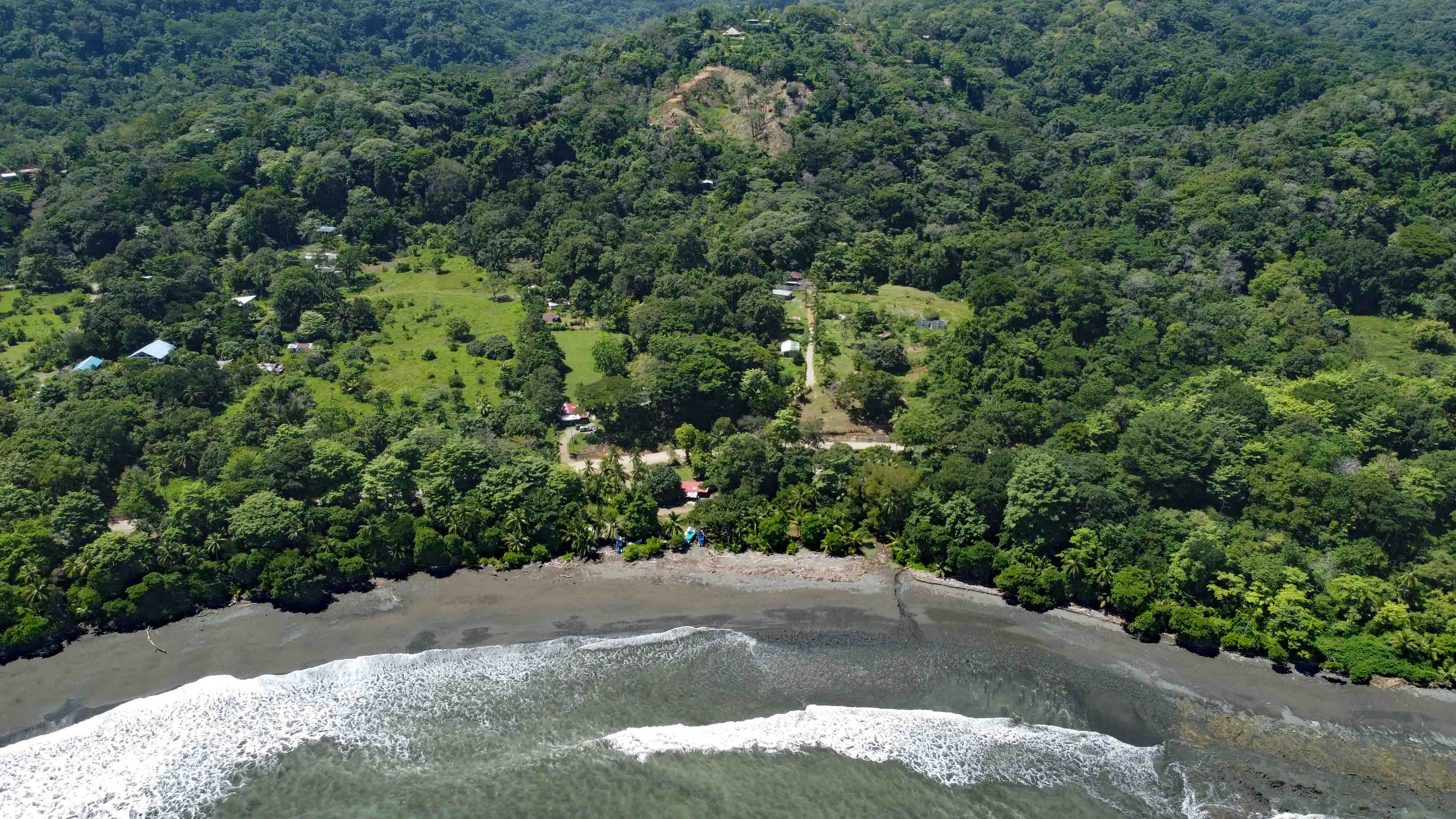 Aerial of the Pavones coastline — jungle meeting the Pacific